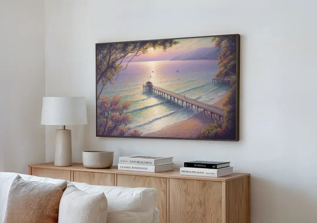 Los Muertos Pier canvas wall art above a wooden sideboard next to a sofa