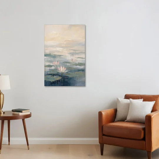 Lotus Flower Art in First Light Mist - Canvas Wall Art - Sofa - 24x36