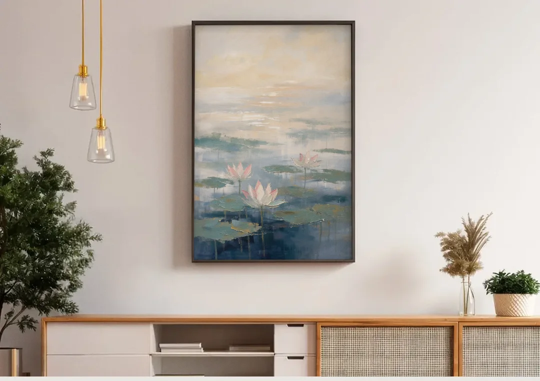 Lotus Flower Art in First Light Mist canvas wall art above a wooden sideboard under pendant lights