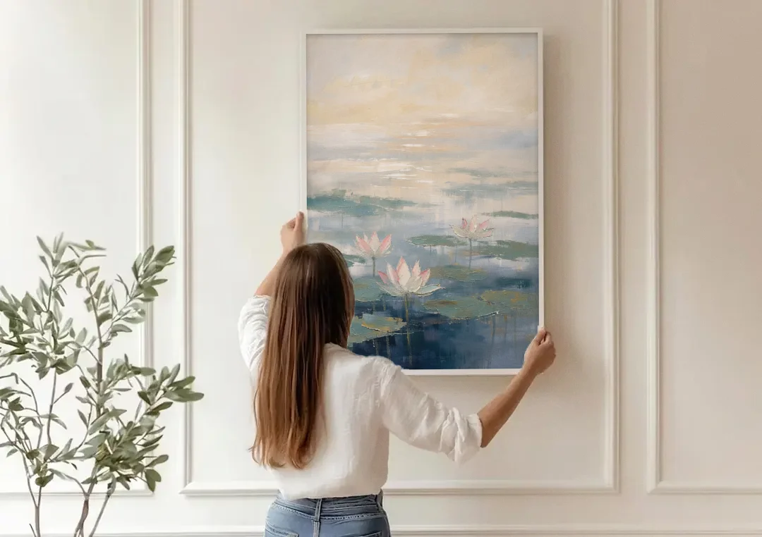 Lotus Flower Art in First Light Mist canvas wall art being hung on a paneled wall