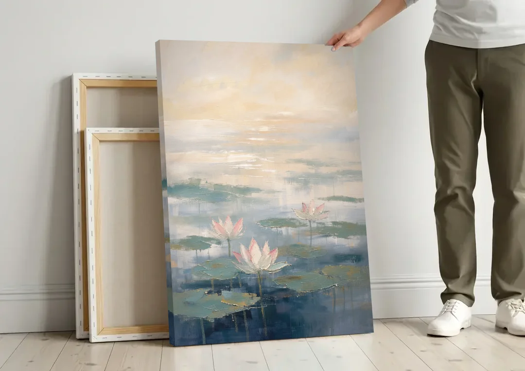 Lotus Flower Art in First Light Mist canvas wall art leaning against a wall next to blank canvases