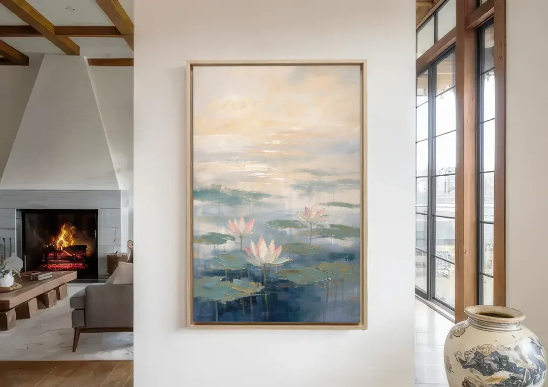 Lotus Flower Art in First Light Mist canvas wall art in a living room with a fireplace