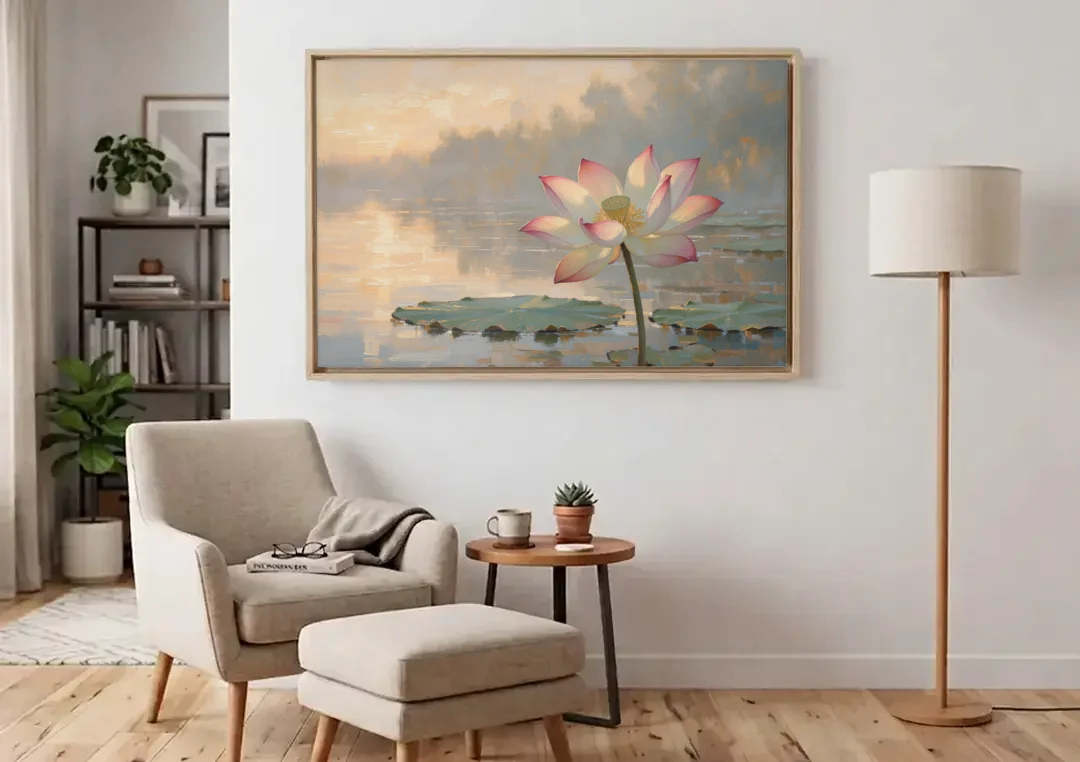 Lotus Flower Painting Opening at Dawn canvas wall art above an armchair in a bright living room