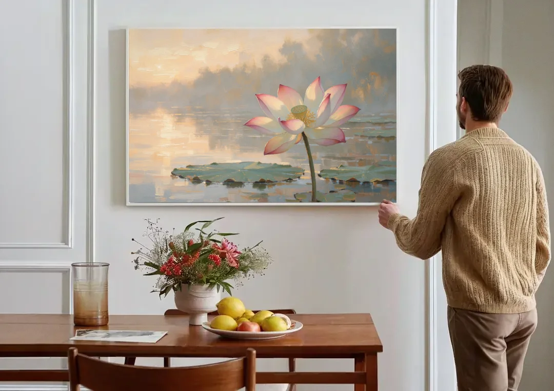 Lotus Flower Painting Opening at Dawn canvas wall art above a dining table