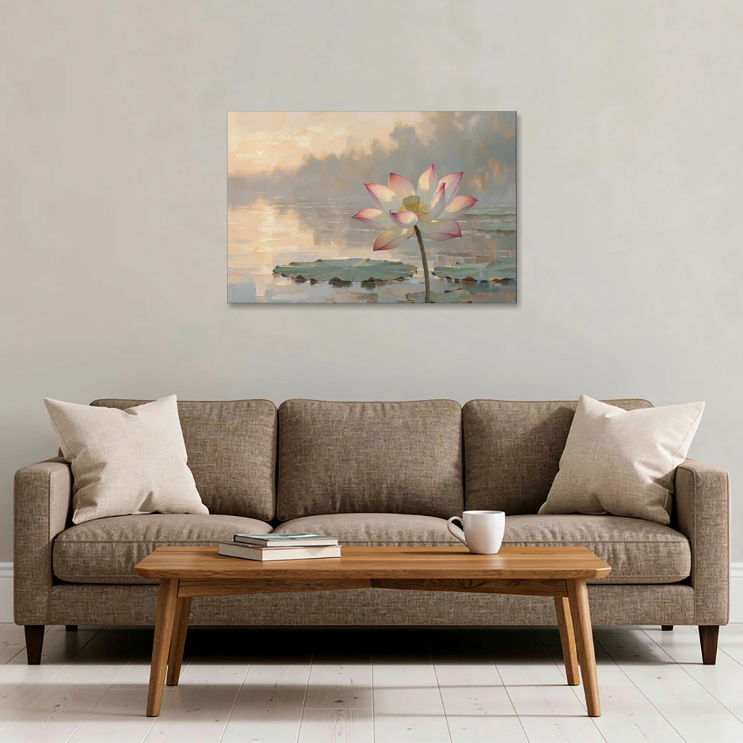 Lotus Flower Painting Opening at Dawn - Canvas Wall Art - Sofa - 36x24