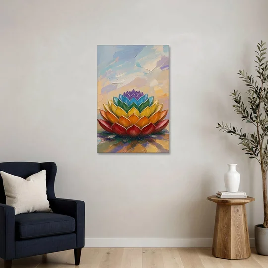 Lotus Mandala Wall Art in Rising Chakra Tiers - Canvas Wall Art - Sofa - 24x36