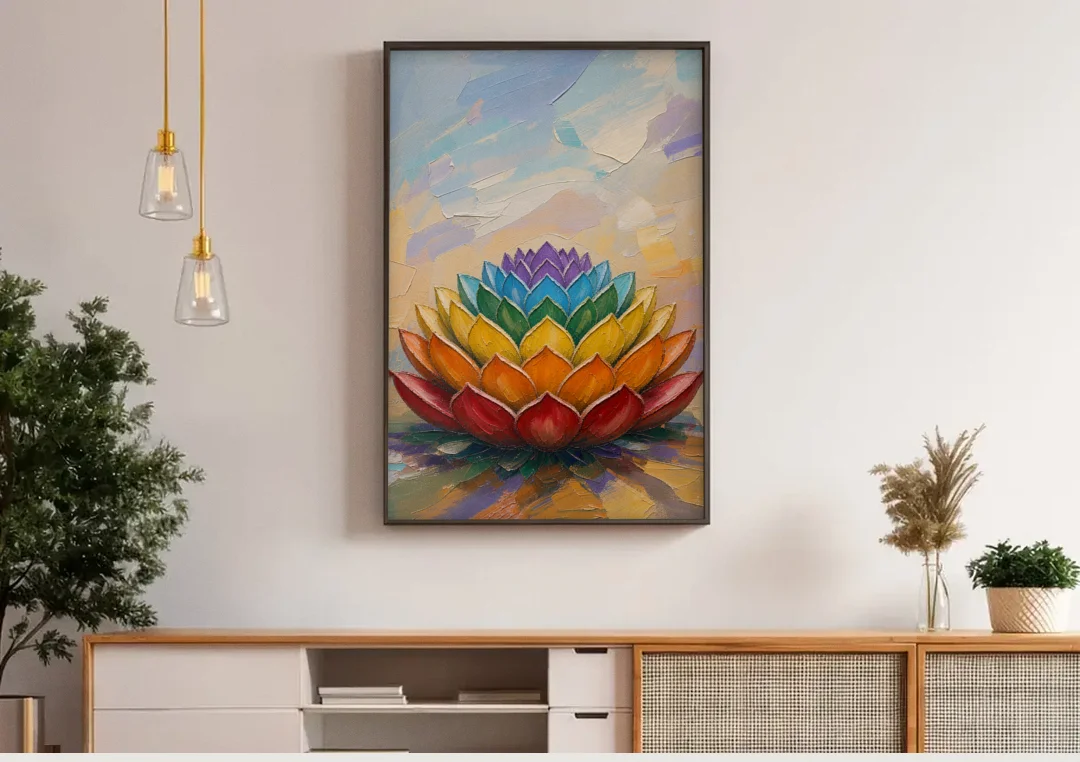 Lotus Mandala Wall Art in Rising Chakra Tiers canvas wall art above a wooden sideboard under pendant lights