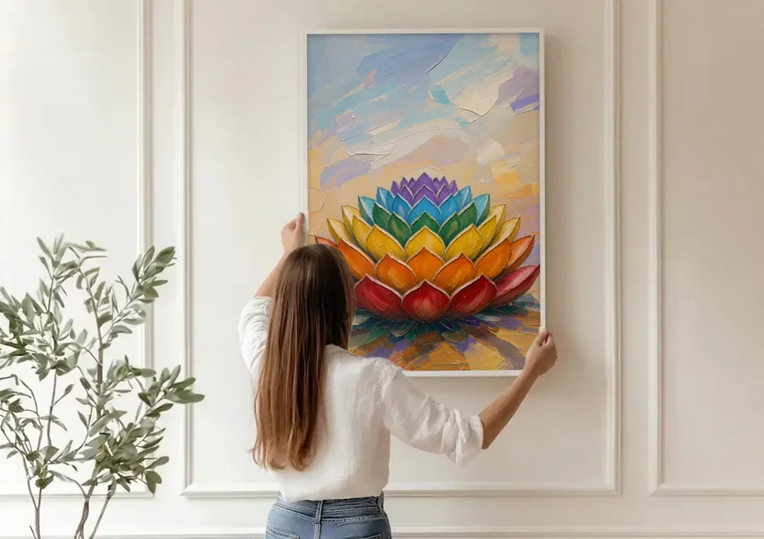 Lotus Mandala Wall Art in Rising Chakra Tiers canvas wall art being hung on a paneled wall