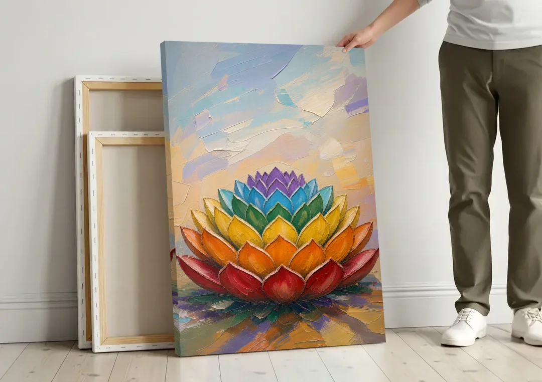 Lotus Mandala Wall Art in Rising Chakra Tiers canvas wall art leaning against a wall next to blank canvases