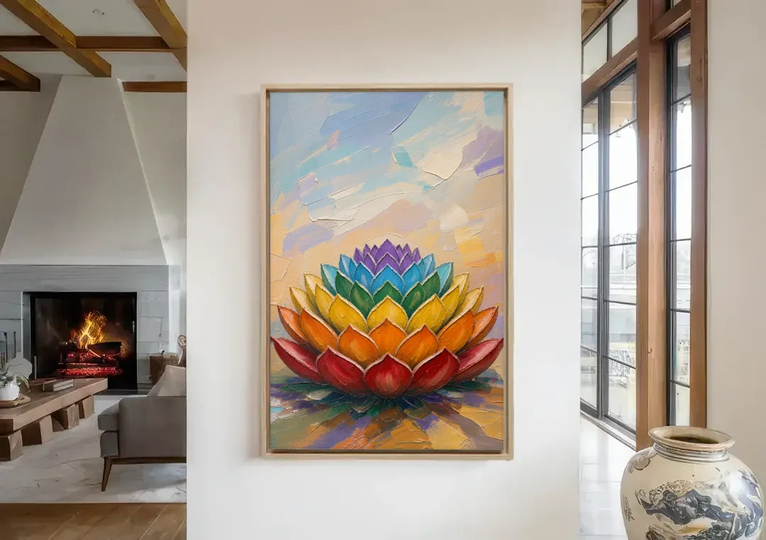 Lotus Mandala Wall Art in Rising Chakra Tiers canvas wall art in a living room with a fireplace