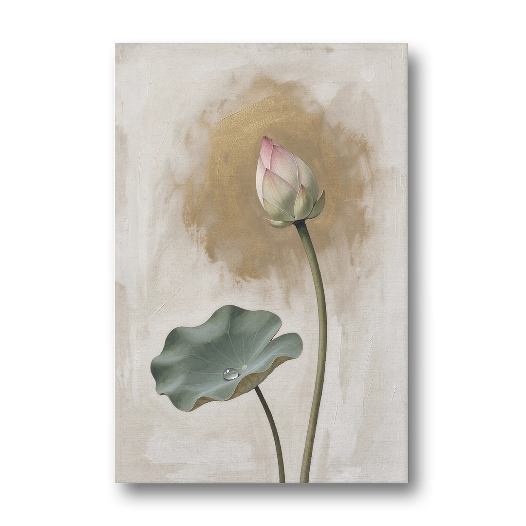 Lotus Painting with Closed Bud and Dewdrop - Canvas Wall Art - Front