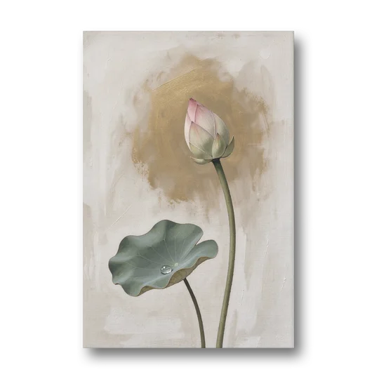 Lotus Painting with Closed Bud and Dewdrop - Canvas Wall Art - Front