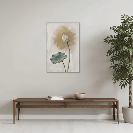 Lotus Painting with Closed Bud and Dewdrop - Canvas Wall Art - Coffee Table - 24x36