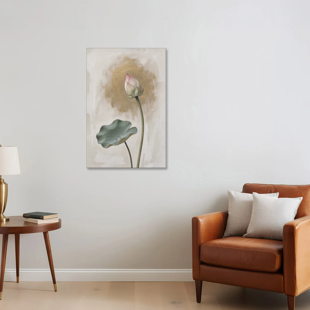 Lotus Painting with Closed Bud and Dewdrop - Canvas Wall Art - Sofa - 24x36