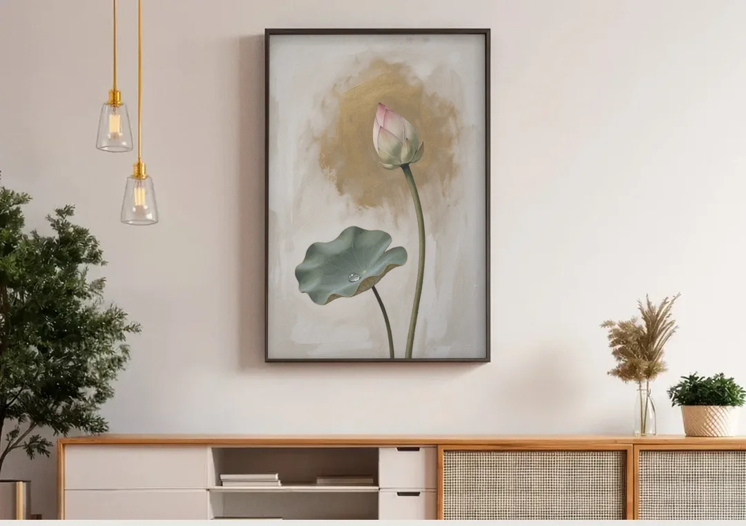 Lotus Painting with Closed Bud and Dewdrop canvas wall art above a wooden sideboard under pendant lights