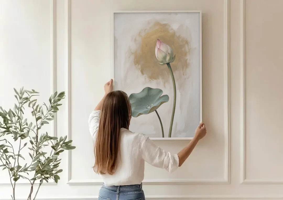 Lotus Painting with Closed Bud and Dewdrop canvas wall art being hung on a paneled wall