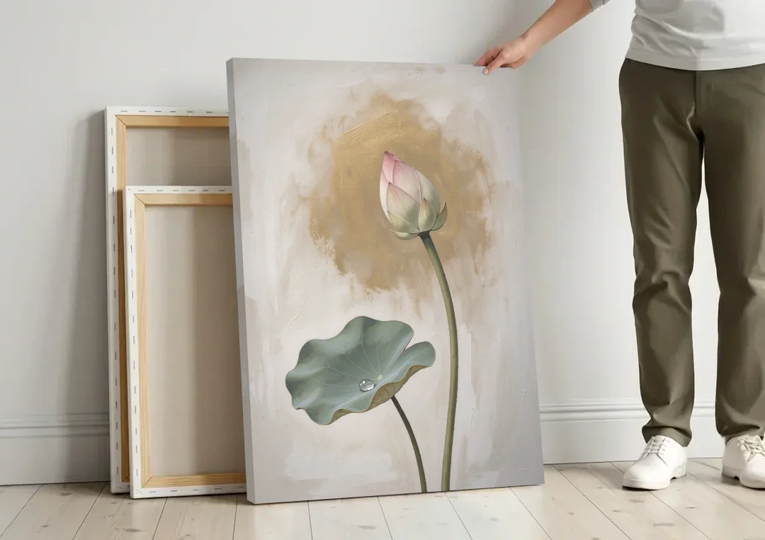 Lotus Painting with Closed Bud and Dewdrop canvas wall art leaning against a wall next to blank canvases