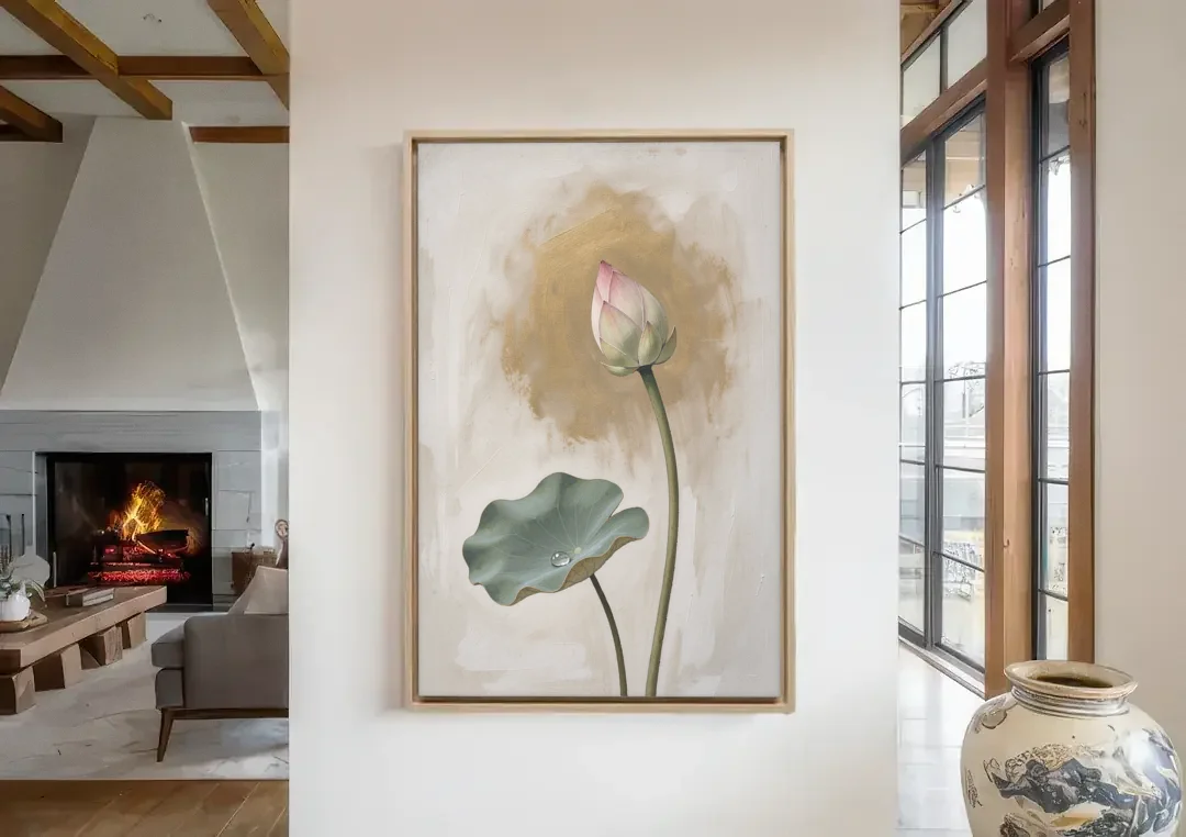 Lotus Painting with Closed Bud and Dewdrop canvas wall art in a living room with a fireplace