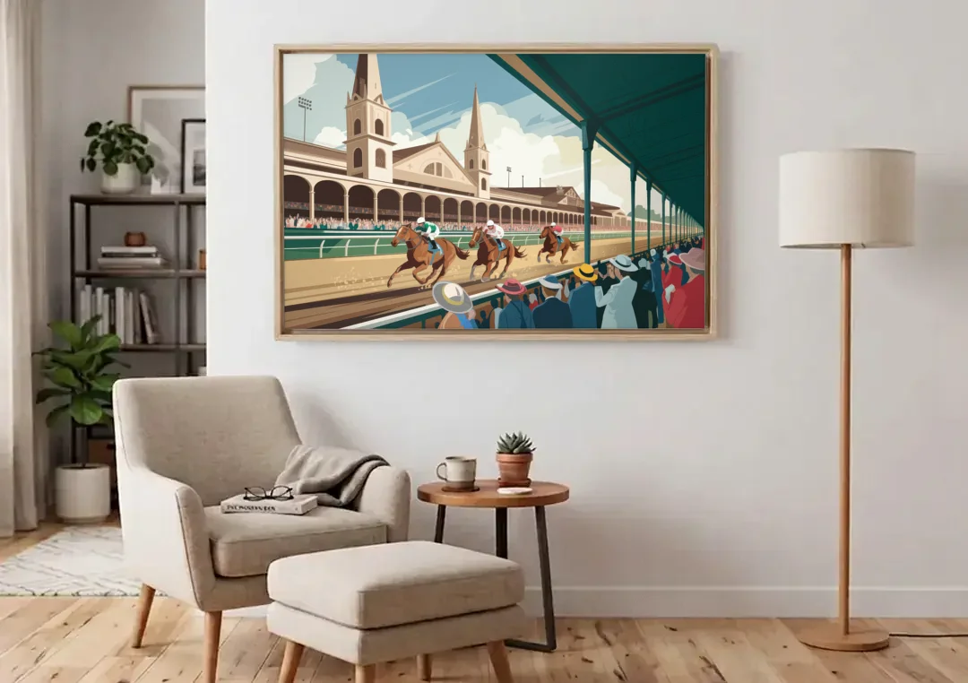 Louisville Churchill Downs Scene canvas wall art above an armchair in a bright living room