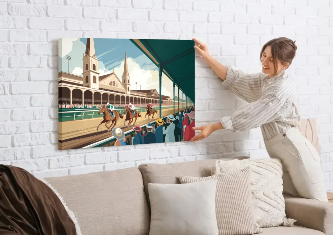 Louisville Churchill Downs Scene canvas wall art being hung on a white brick wall above a sofa
