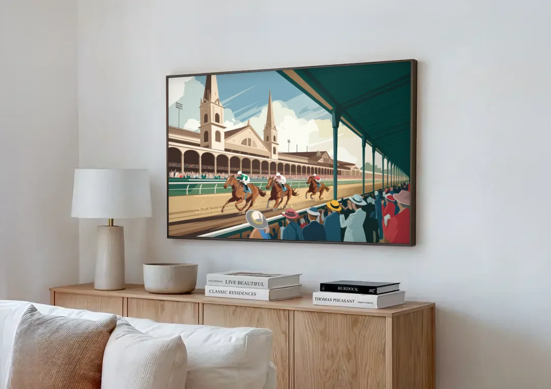 Louisville Churchill Downs Scene canvas wall art above a wooden sideboard next to a sofa