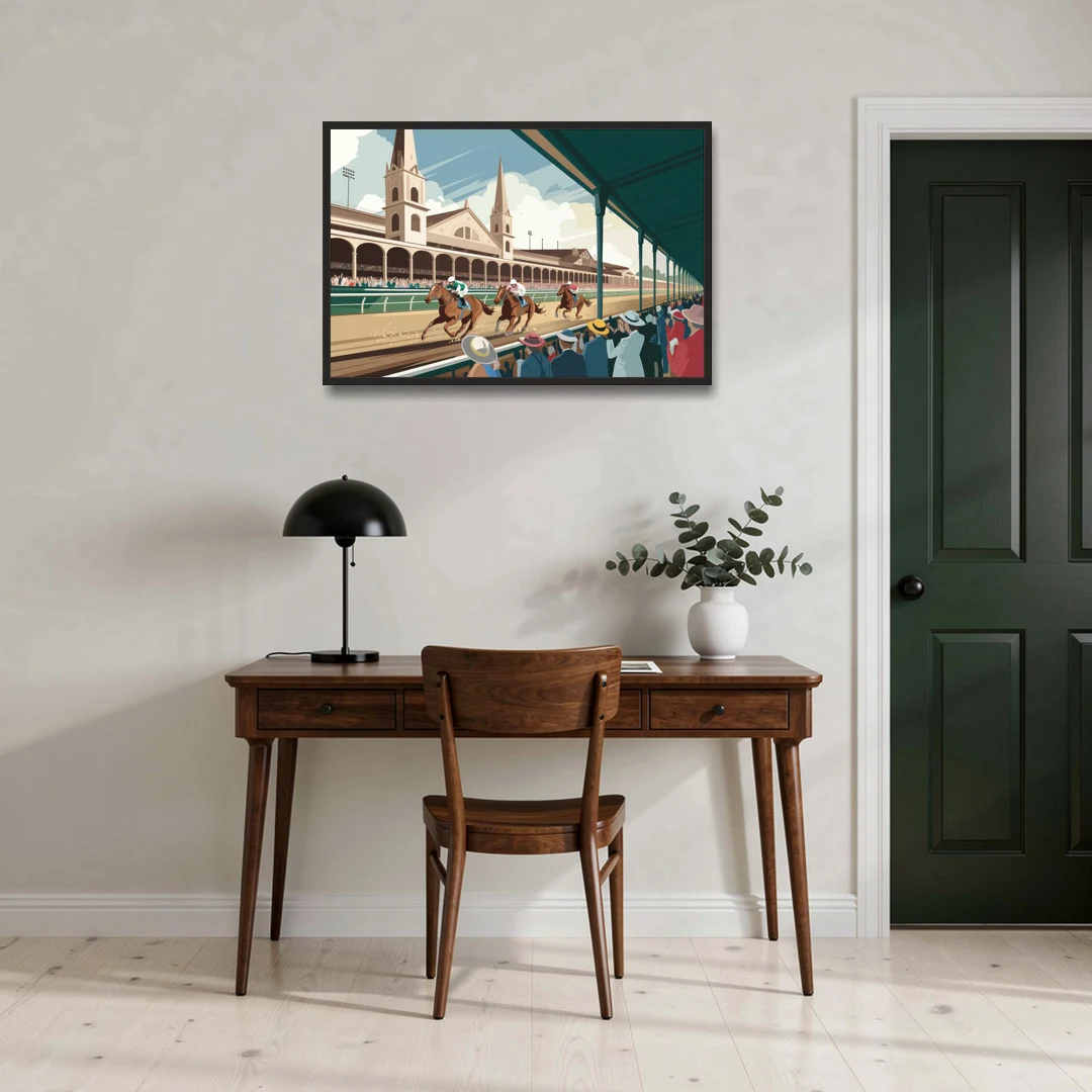 Louisville Churchill Downs Scene - Black Framed Canvas Wall Art - Office - 36x24