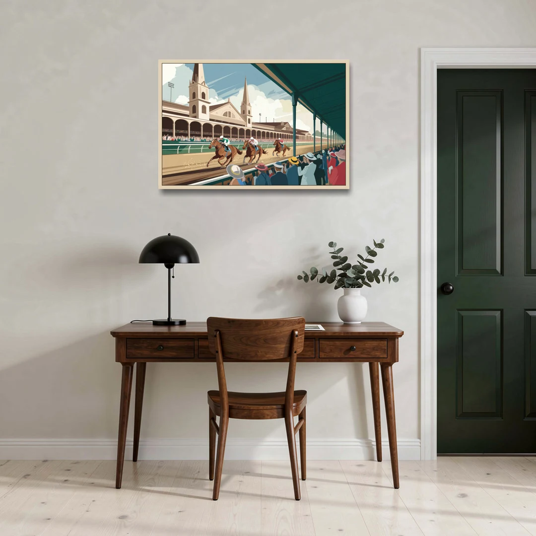 Louisville Churchill Downs Scene - Oak Framed Canvas Wall Art - Office - 36x24