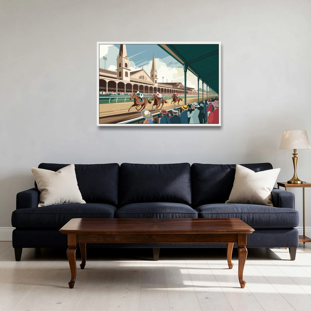 Louisville Churchill Downs Scene - White Framed Canvas Wall Art - Sofa - 36x24