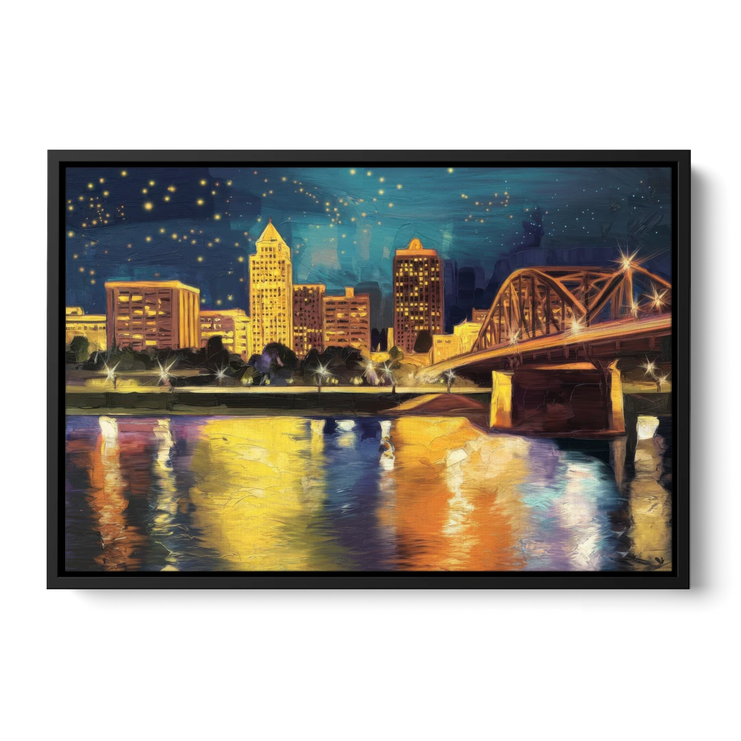 Louisville Cityscape Glow - Black Framed Canvas Wall Art - Front
