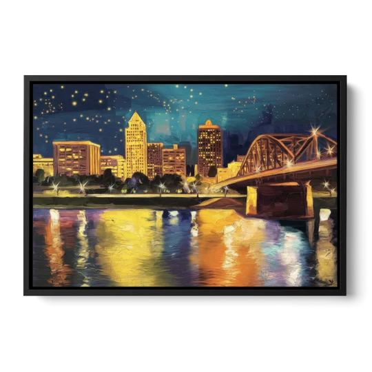 Louisville Cityscape Glow - Black Framed Canvas Wall Art - Front
