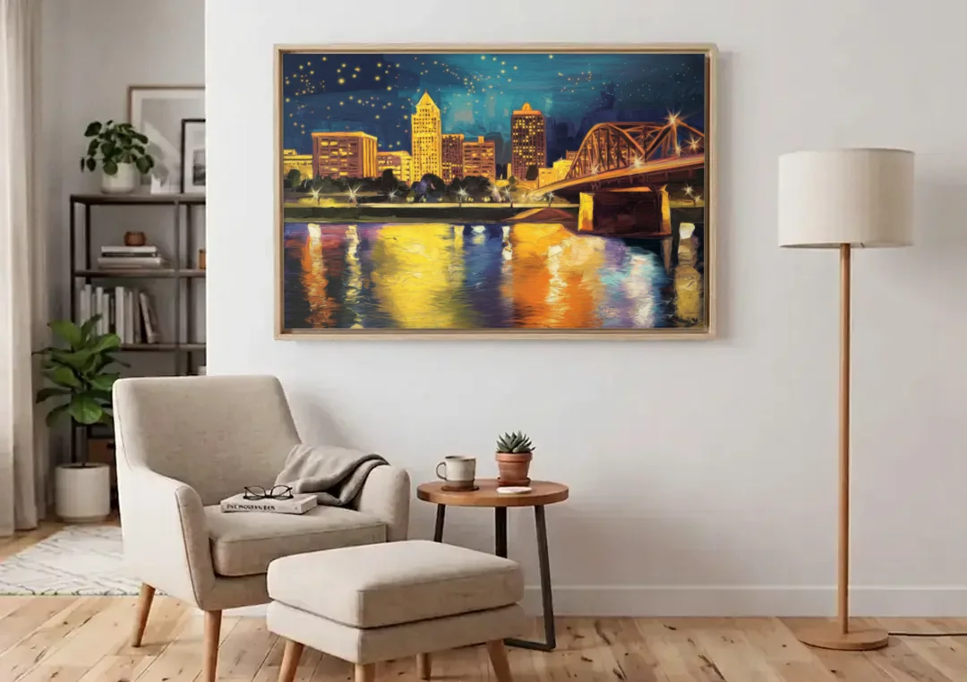 Louisville Cityscape Glow canvas wall art above an armchair in a bright living room