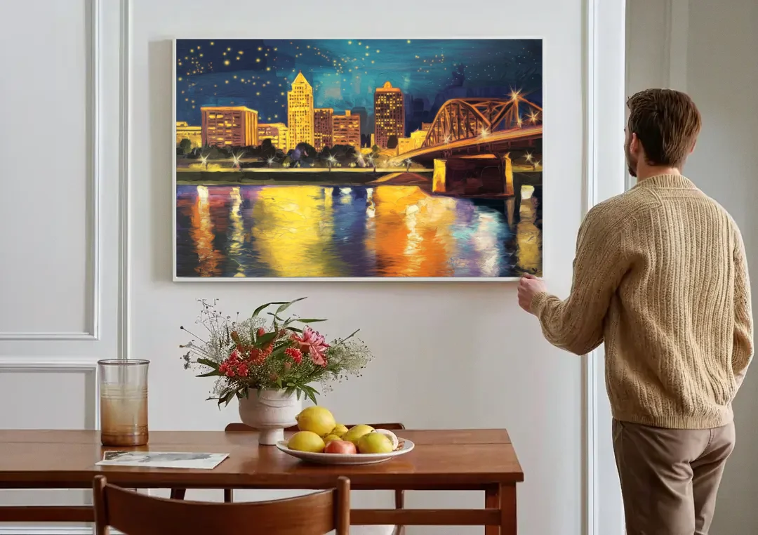 Louisville Cityscape Glow canvas wall art above a dining table
