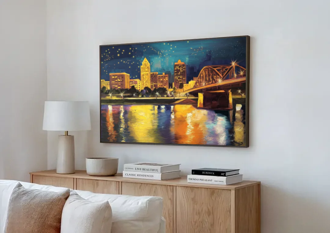Louisville Cityscape Glow canvas wall art above a wooden sideboard next to a sofa