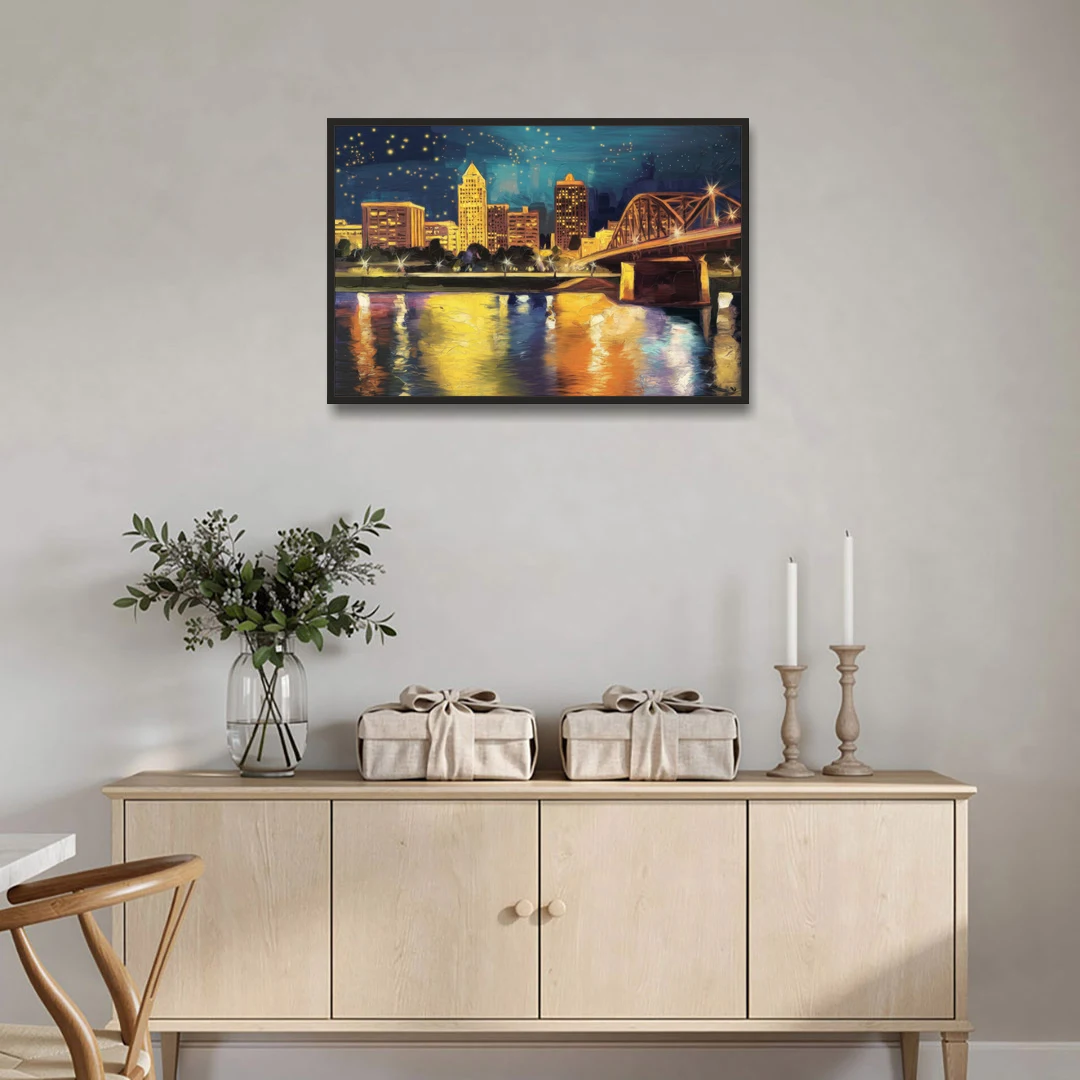Louisville Cityscape Glow - Black Framed Canvas Wall Art - Coffee Table - 36x24