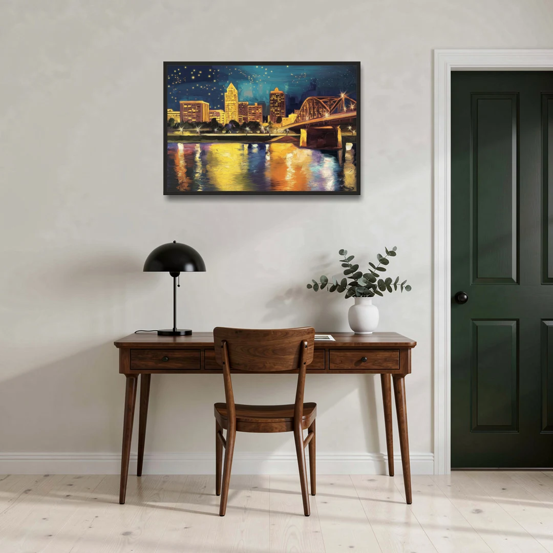 Louisville Cityscape Glow - Black Framed Canvas Wall Art - Office - 36x24