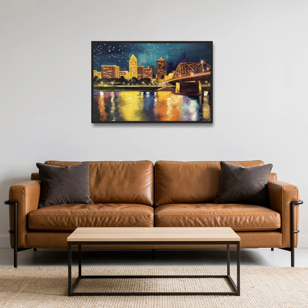 Louisville Cityscape Glow - Black Framed Canvas Wall Art - Sofa - 36x24