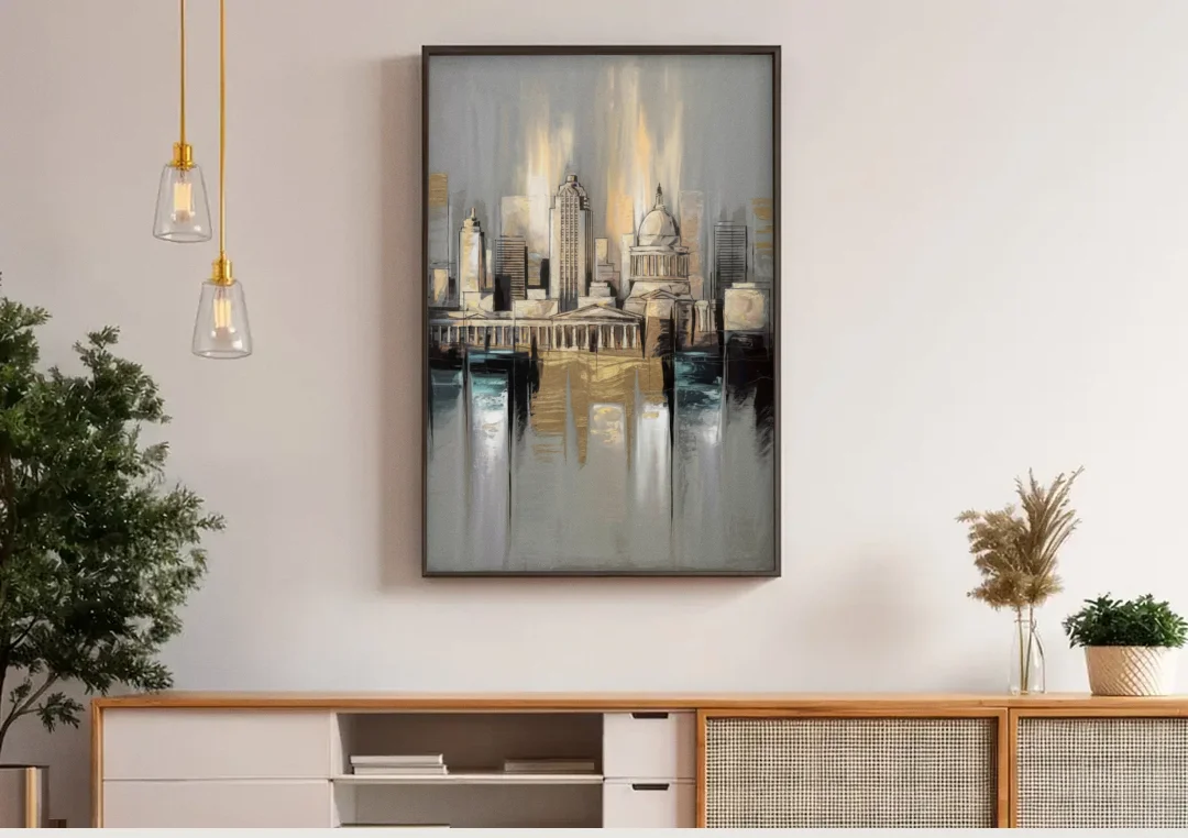 Louisville Historic Landmarks canvas wall art above a wooden sideboard under pendant lights