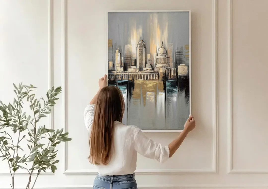 Louisville Historic Landmarks canvas wall art being hung on a paneled wall