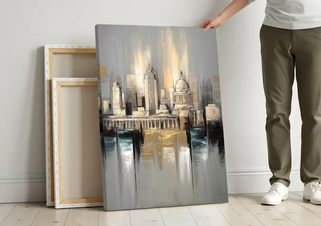 Louisville Historic Landmarks canvas wall art leaning against a wall next to blank canvases