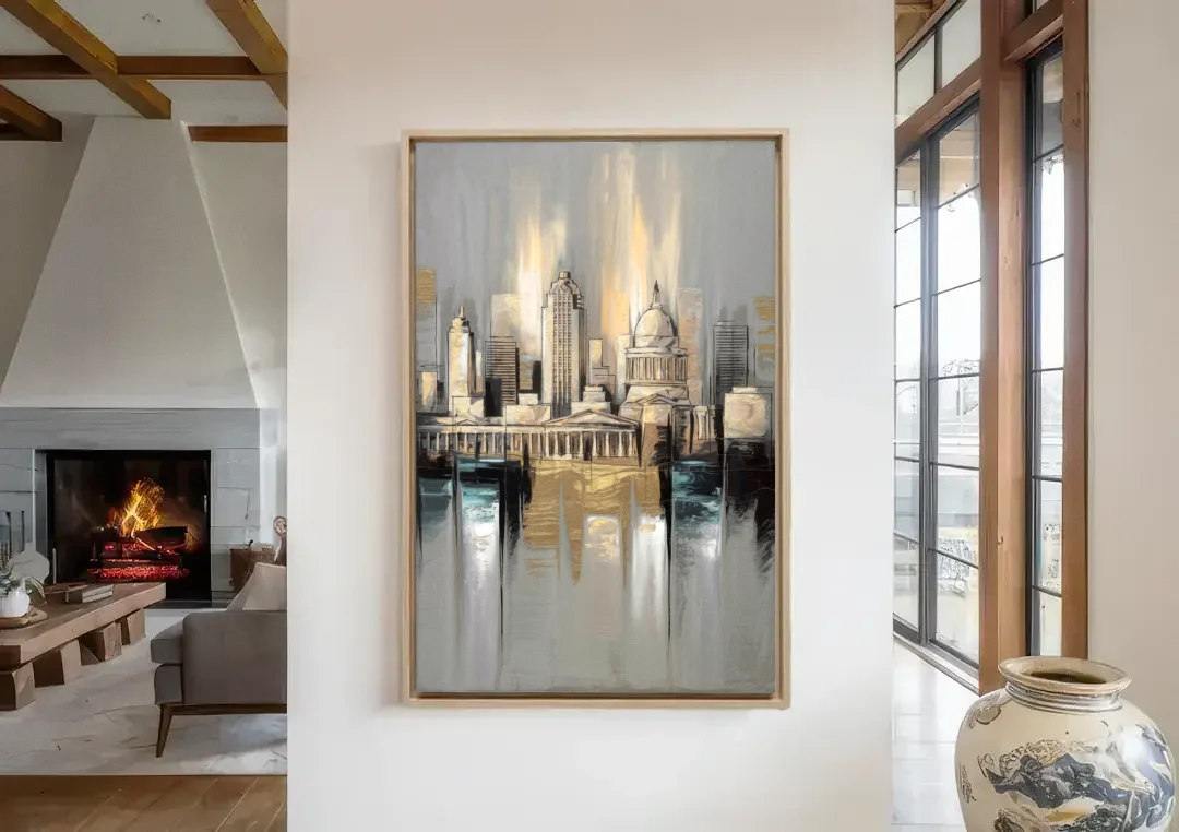 Louisville Historic Landmarks canvas wall art in a living room with a fireplace