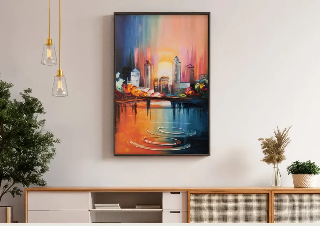 Louisville Skyline at Sunrise canvas wall art above a wooden sideboard under pendant lights