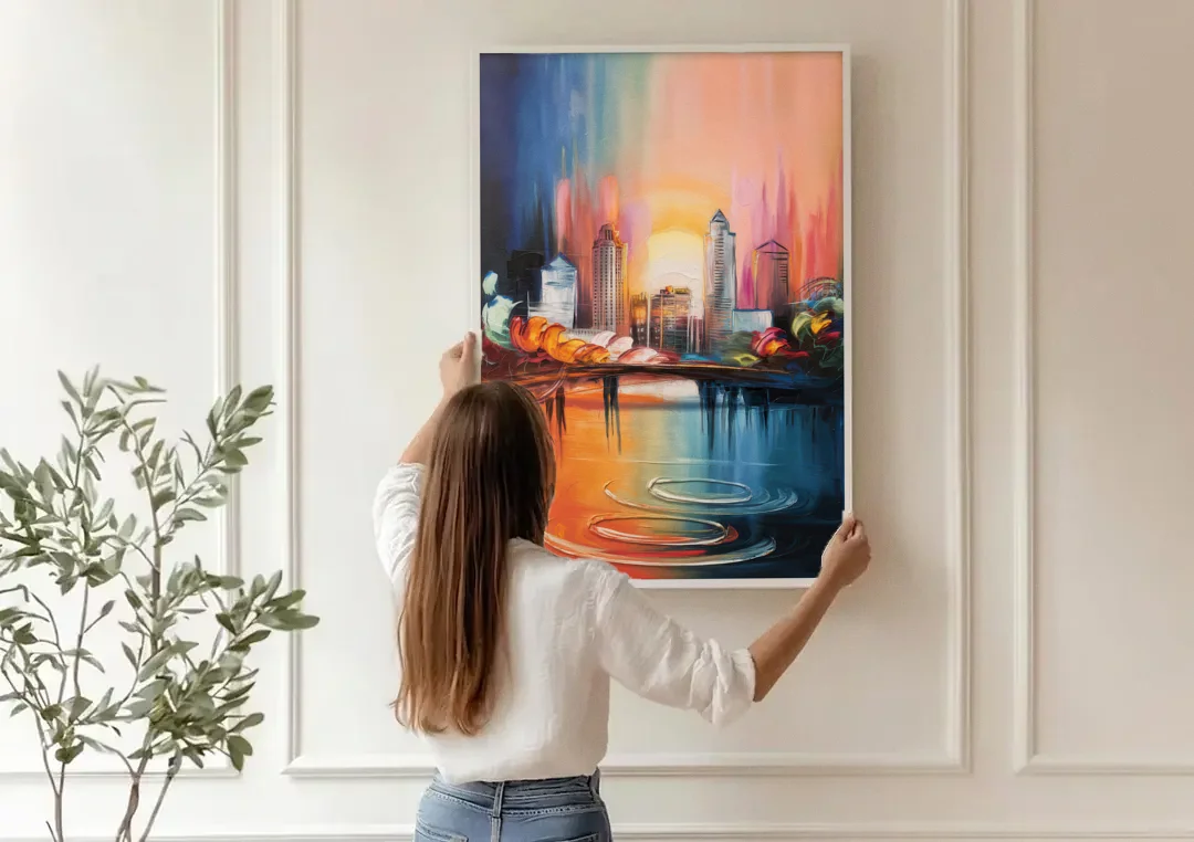 Louisville Skyline at Sunrise canvas wall art being hung on a paneled wall