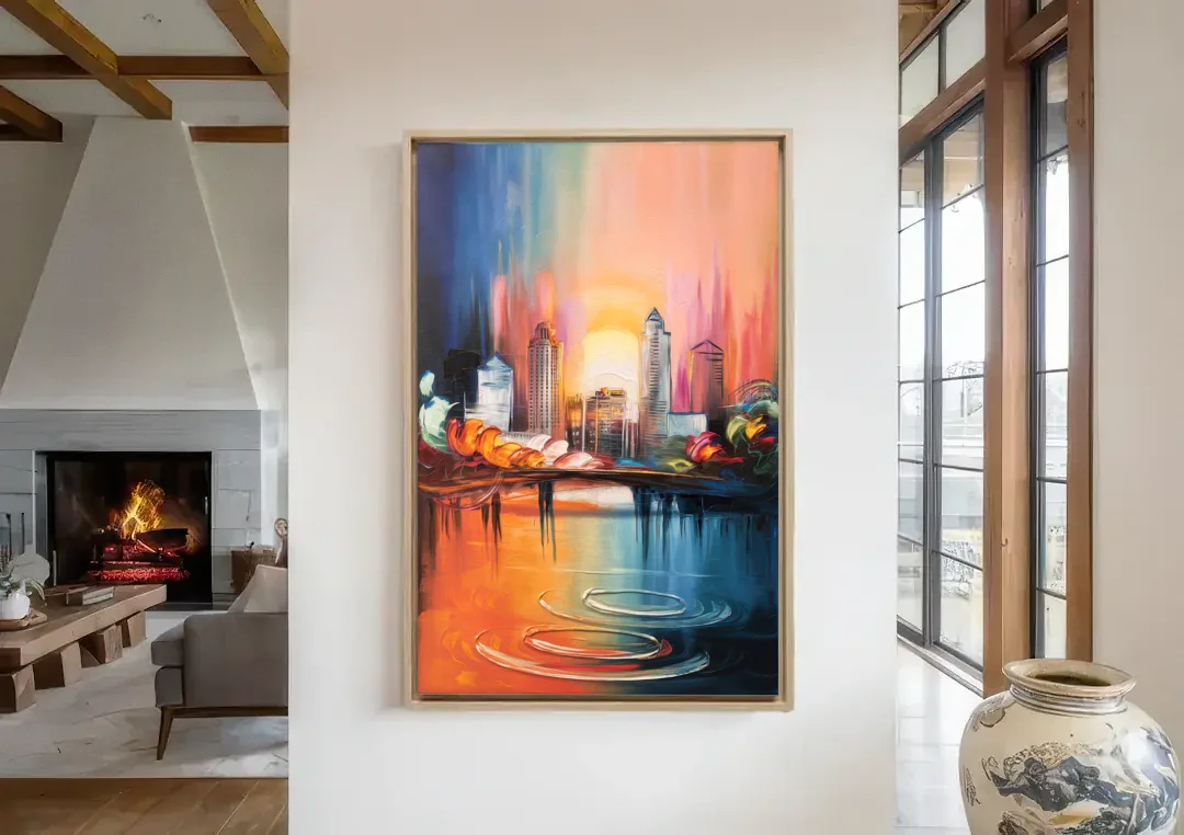 Louisville Skyline at Sunrise canvas wall art in a living room with a fireplace
