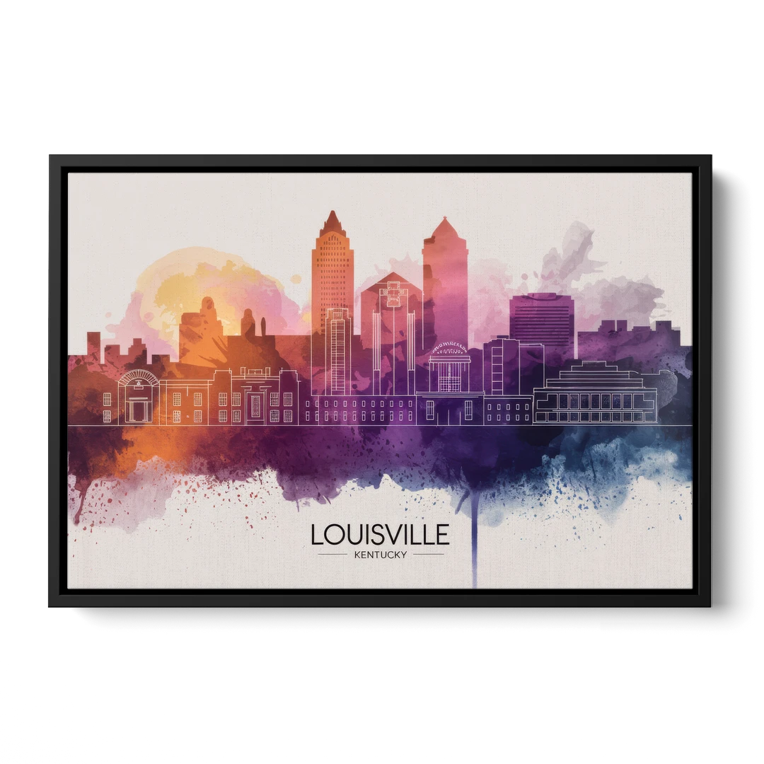 Louisville Sunset Over Skyline - Black Framed Canvas Wall Art - Front