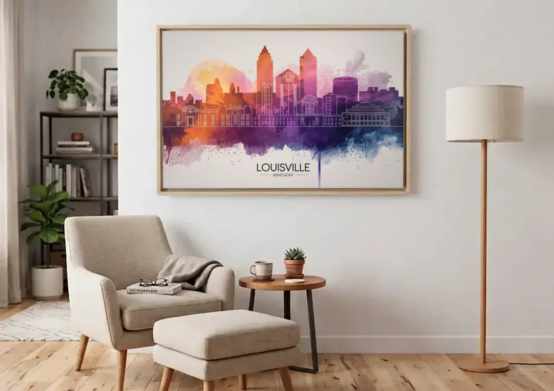Louisville Sunset Over Skyline canvas wall art above an armchair in a bright living room