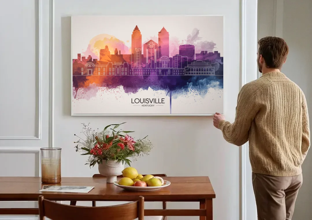 Louisville Sunset Over Skyline canvas wall art above a dining table