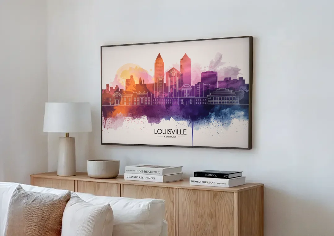 Louisville Sunset Over Skyline canvas wall art above a wooden sideboard next to a sofa
