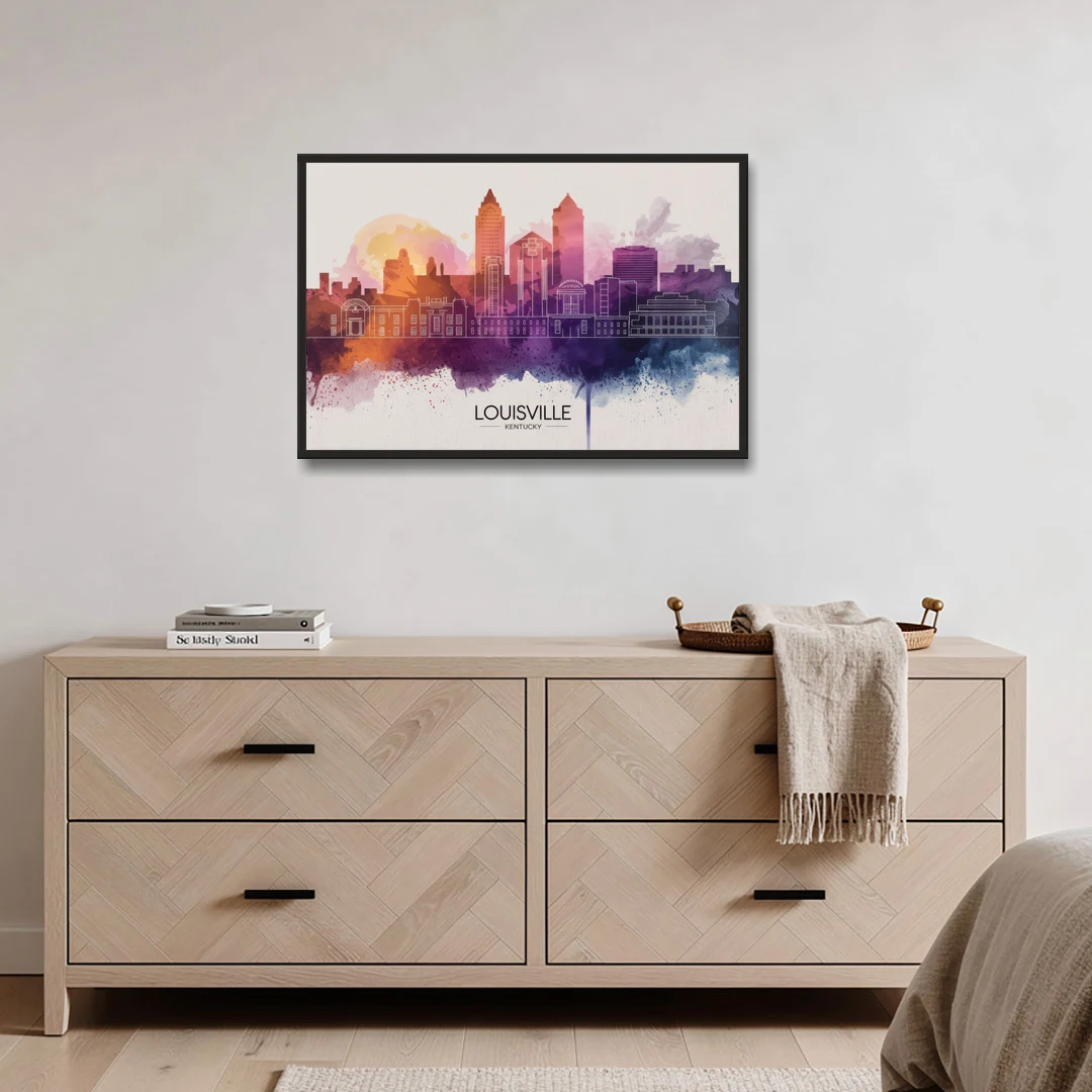 Louisville Sunset Over Skyline - Black Framed Canvas Wall Art - Coffee Table - 36x24