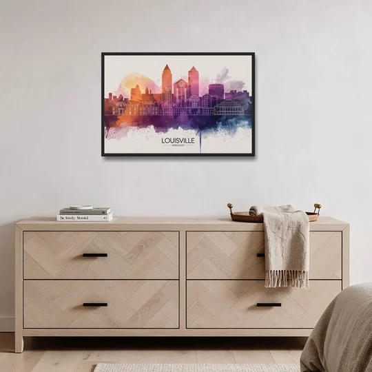 Louisville Sunset Over Skyline - Black Framed Canvas Wall Art - Coffee Table - 36x24