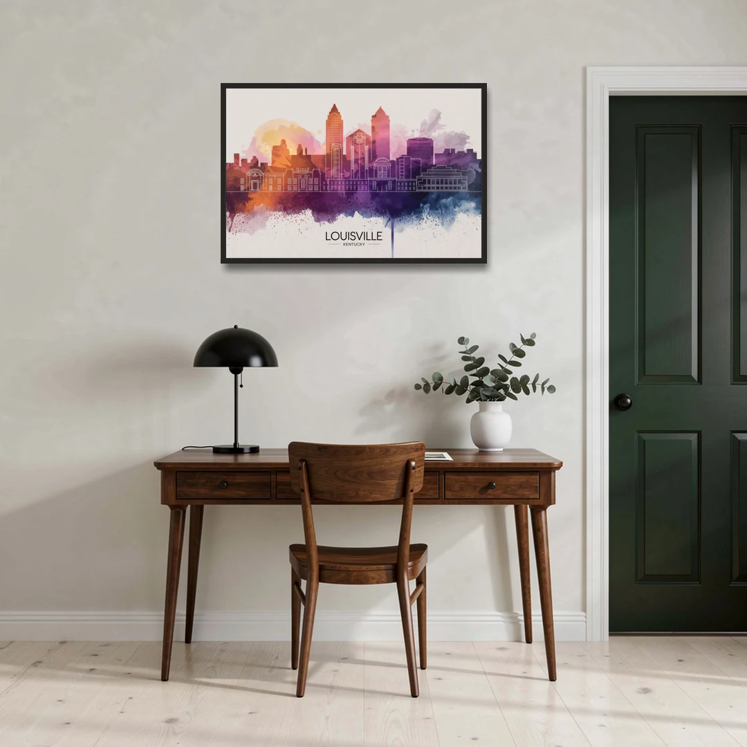 Louisville Sunset Over Skyline - Black Framed Canvas Wall Art - Office - 36x24
